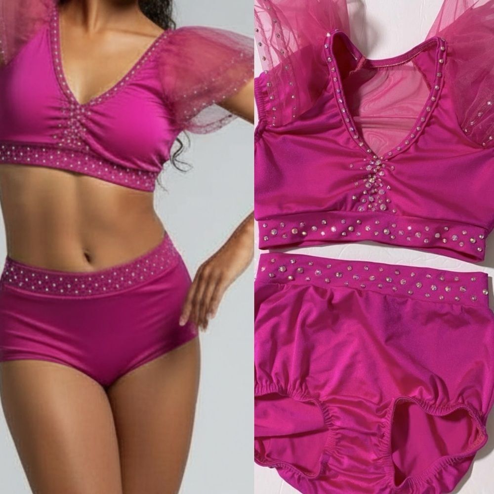 Kelle dance jazz acro solo duet costume 2 piece hot pink rhinestoned LC child